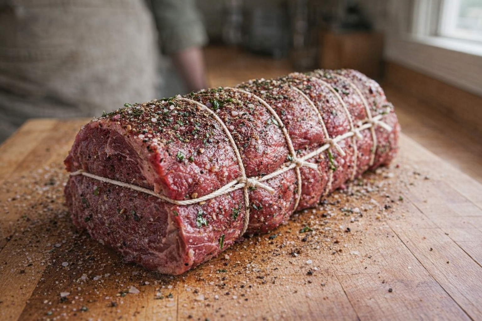 Raw beef tenderloin, trimmed and tied with kitchen twine, seasoned with salt, pepper, and herbs, ready for searing, close-up shot on a wooden cutting board